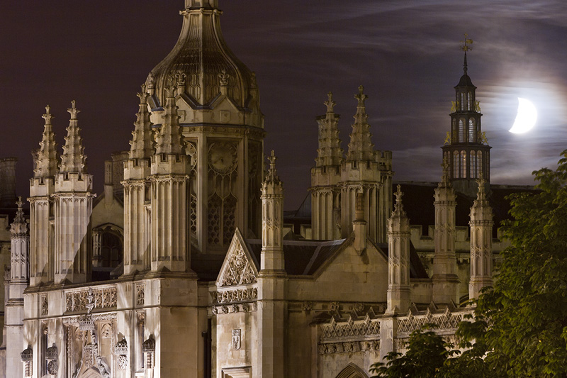 crescent moon over the entrance to King's College at Cambridge University in England